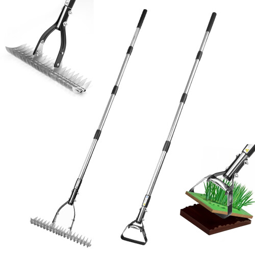 2 in 1 Garden Long Handle Thatch Rake/Oscillating Stirrup Hoe Weeder Lawn Rake 2