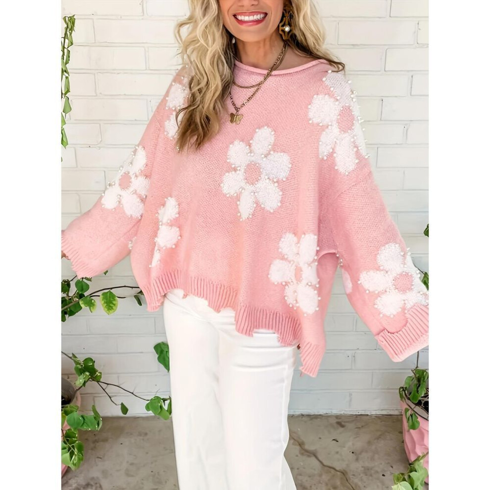 (pink, 5XL) Rose Beauty A Plus Size Floral Pattern Beaded Sweater, Casual Loose Fit Long Sleeve Round Neck Top For Fall & Winter, Women&apos;s Plus Size Cloth