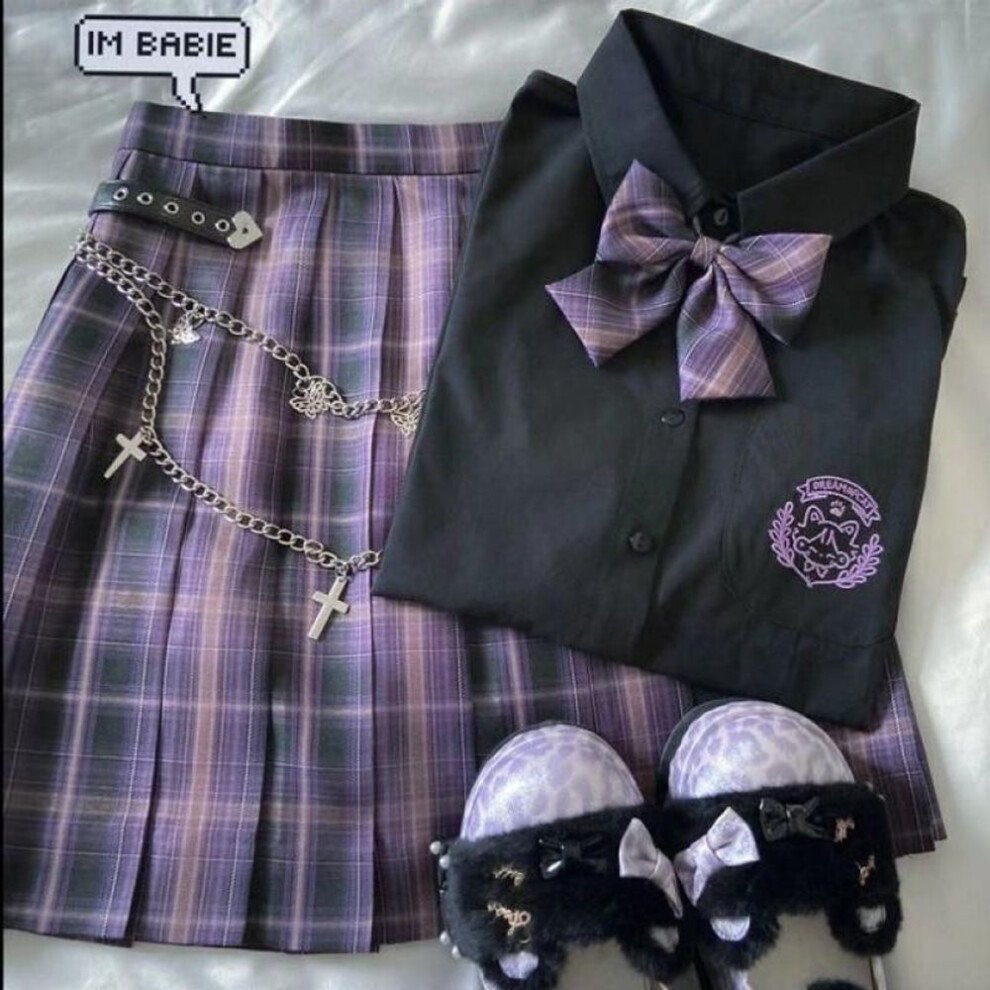 (purple, XS) Japanese Harajuku Three Piece Set Plaid Mini Women Skirt School Uniforms Skirt A-line Sweet High Waist Women Kawaii Suits & Sets (shirt+bow+skirt)