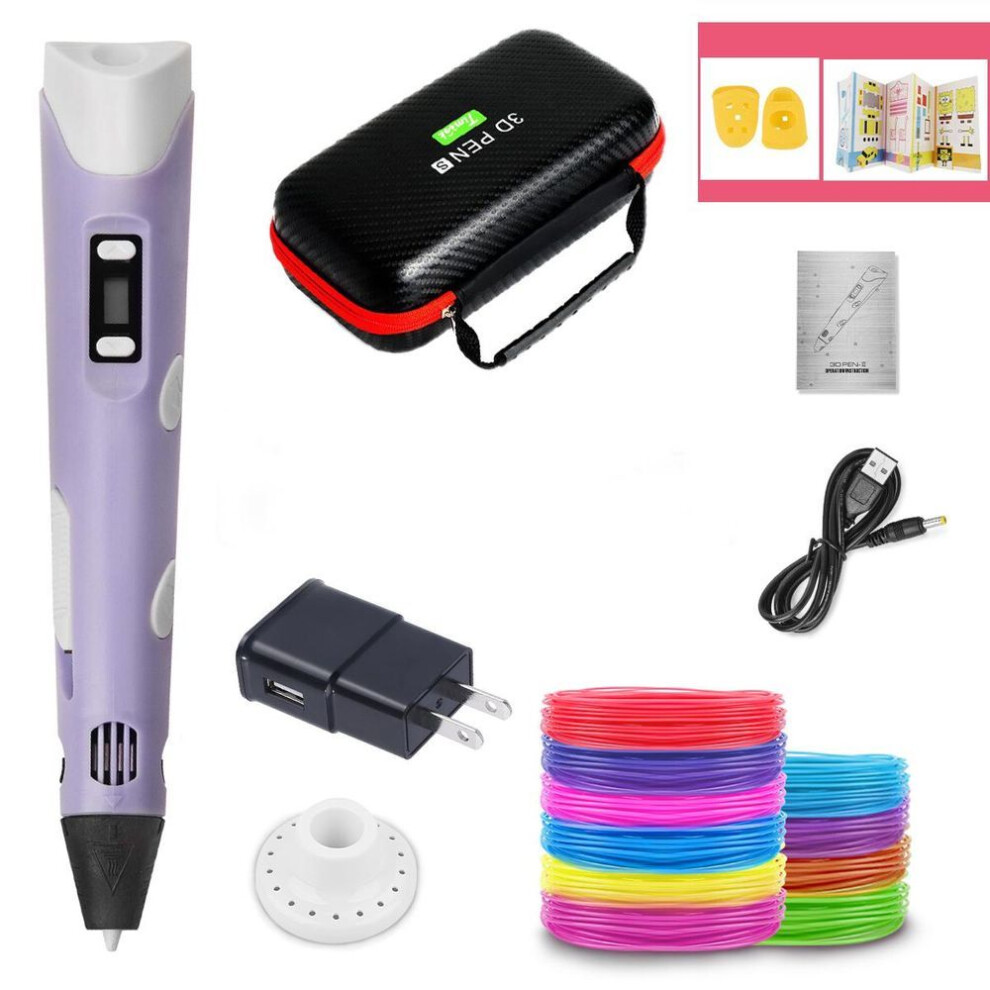 (Purple 5Meter and 10 color US standard (PLA)) 3D Pen for Kids 3D Diy Printing Pens Drawing Pencils with PLA Filament Carrying Case Novelty Gift for Children Birthday Gift