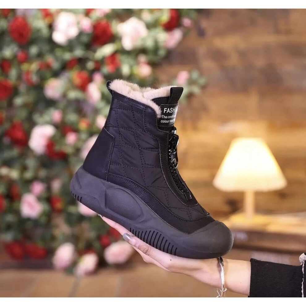 (black, 37) Women&apos;s Winter Fur Lined Snow Boots Outdoor Non Slip Faux Leather Ankle Boots With Zipper Thick Sole Warm Plush Lined Bootie High-top Shoes For F