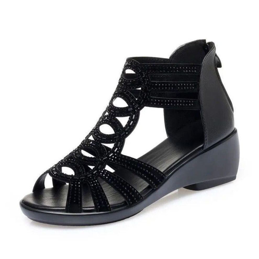(black, 35) Soft Leather Roman Sandals Women&apos;s Summer 2023 New Soft Sole Comfortable Mom&apos;s Shoes Fashion Outwear Women&apos;s Sandals Slope Heels