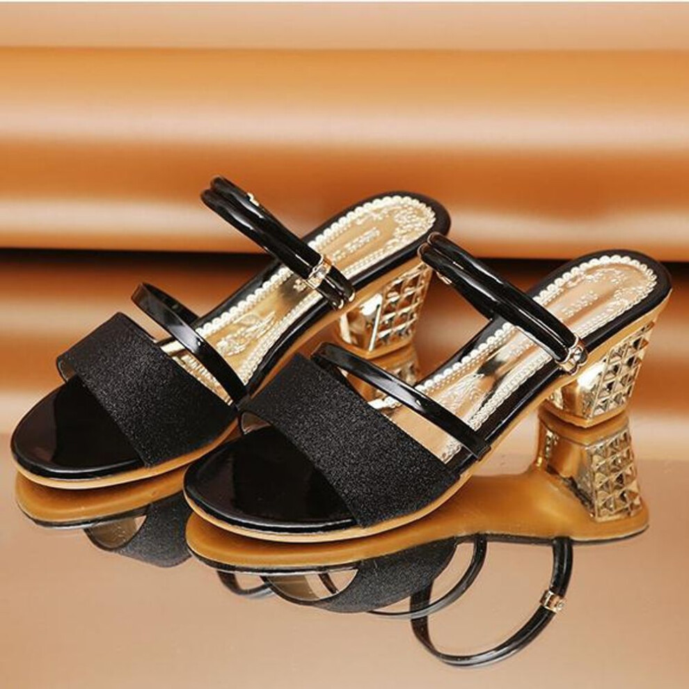 (black, 39) Summer Sandals Women's Open-toed Mid-heel Thick Heel Sandals Comfortable and Fashionable Sandals