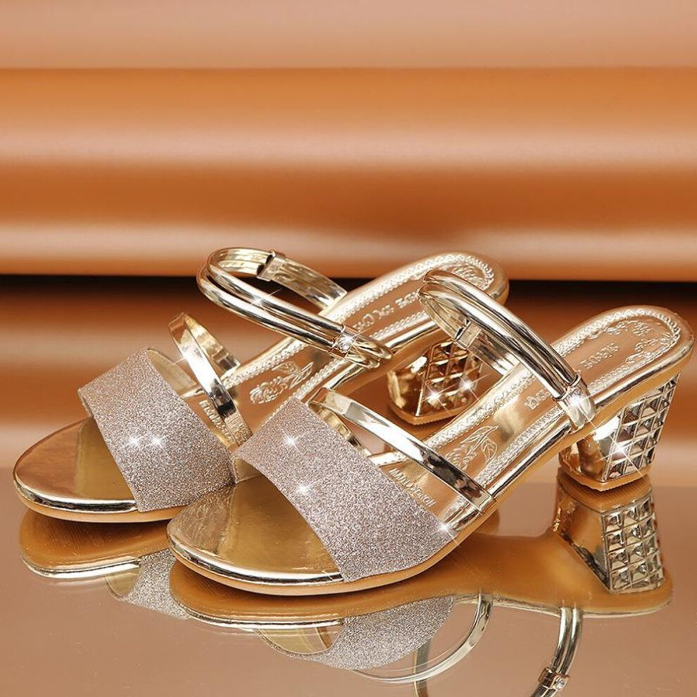 (gold, 38) Summer Sandals Women's Open-toed Mid-heel Thick Heel Sandals Comfortable and Fashionable Sandals