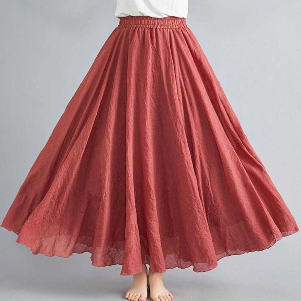 (M, brick red) Summer Autumn Women&apos;s Skirt Literary Large Size Cotton Linen Half Skirt Elastic Waist Linen A-line Skirt Long Section Pure Color Wind Swing Skirt