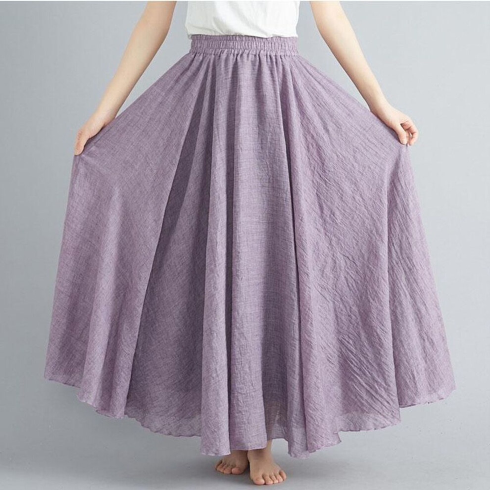 (L, light purple) Summer Autumn Women&apos;s Skirt Literary Large Size Cotton Linen Half Skirt Elastic Waist Linen A-line Skirt Long Section Pure Color Wind Swing Skirt