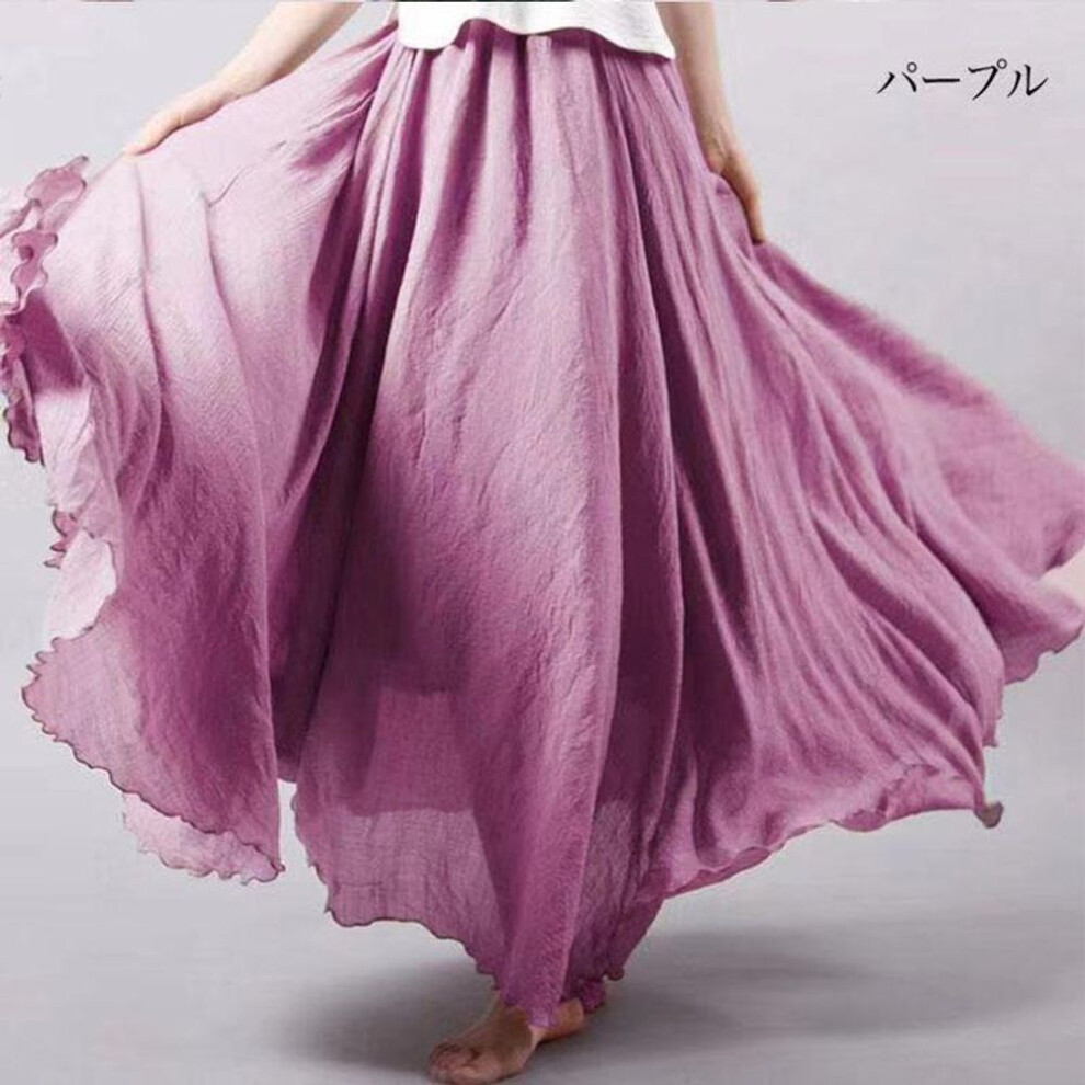 (L, fuchsia) Summer Autumn Women&apos;s Skirt Literary Large Size Cotton Linen Half Skirt Elastic Waist Linen A-line Skirt Long Section Pure Color Wind Swing Skirt