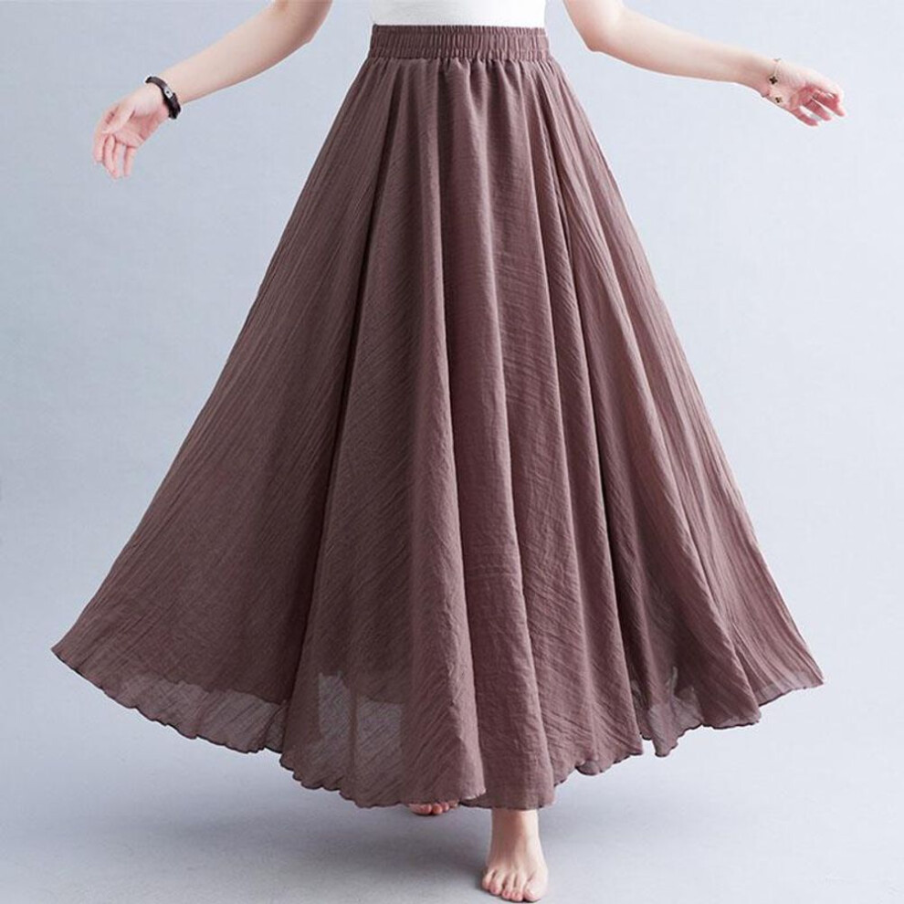 (L, deep pink) Summer Autumn Women&apos;s Skirt Literary Large Size Cotton Linen Half Skirt Elastic Waist Linen A-line Skirt Long Section Pure Color Wind Swing Skirt