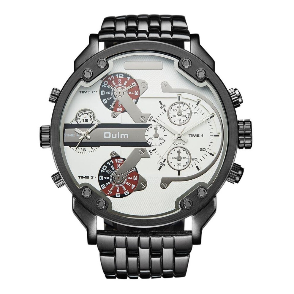 (white) OULM Classic Casual Personality Men's Watch Large Dial, Dual Time Zone Alloy Band Men's Watch Quartz Watch