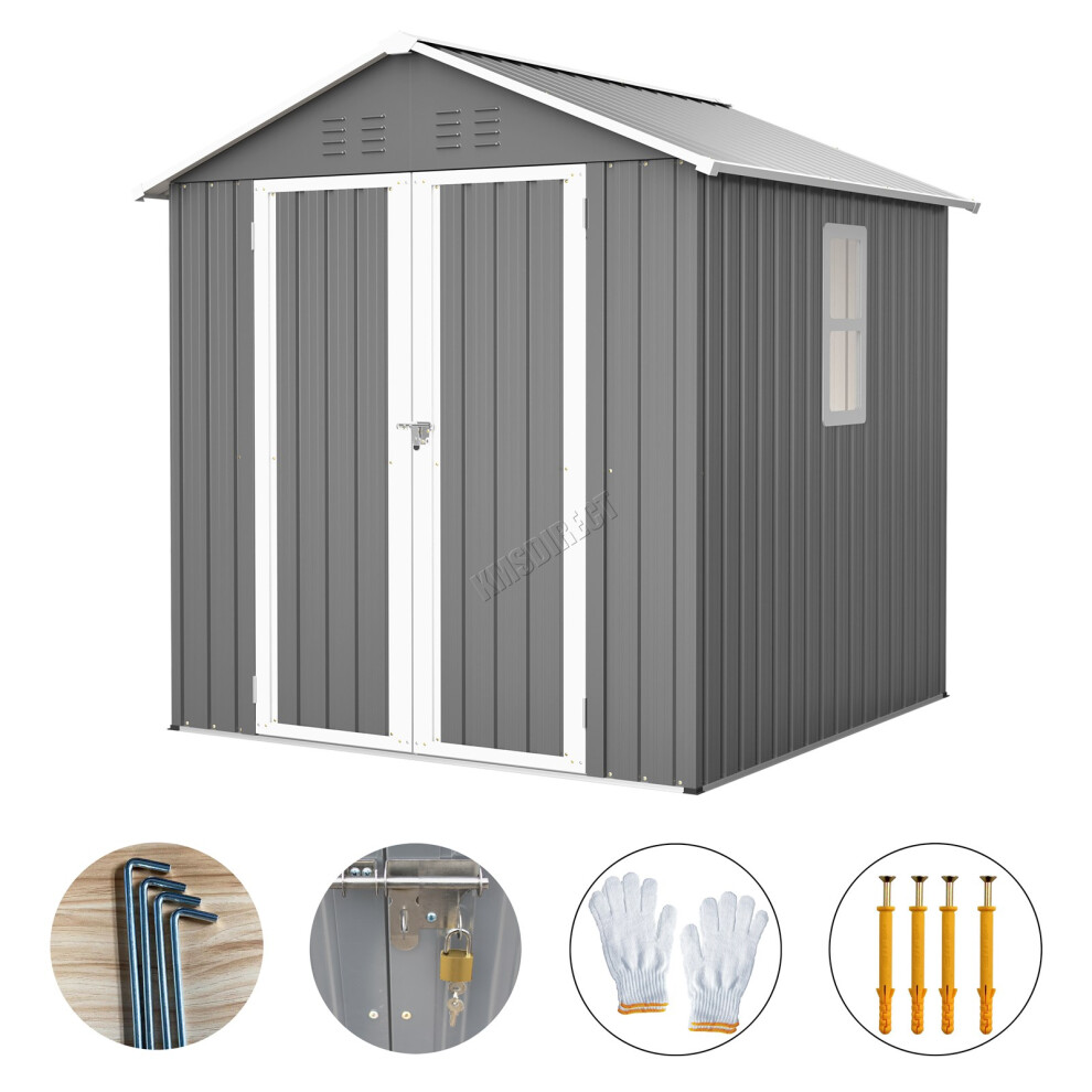(6X6FT, Grey) BIRCHTREE Outdoor Garden Shed Steel Apex Roof Tool With Doors Window Foundation
