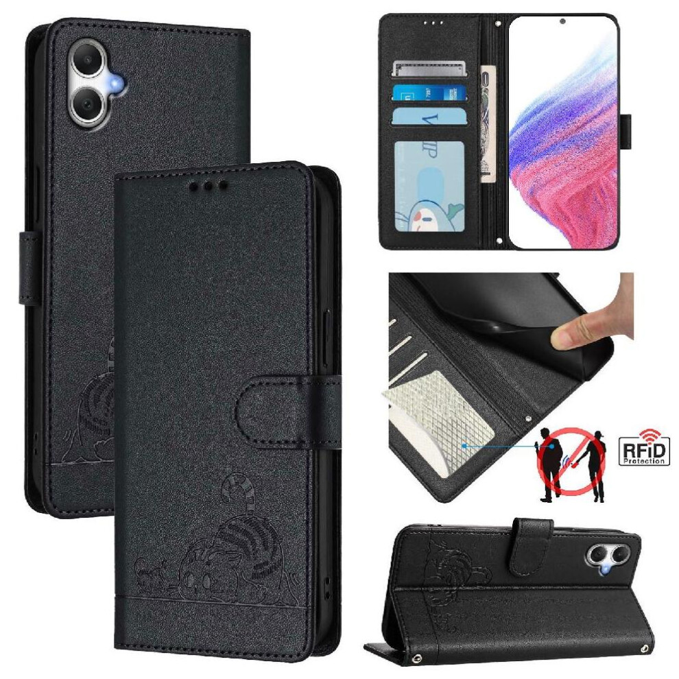 (Black) Case For Samsung Galaxy A06 5G Wallet Flip Cover Cat Rfid Card Slot Holder Kickstand Black 764549517824