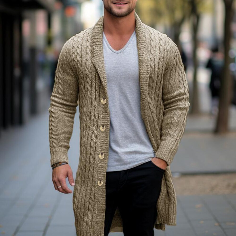 (khaki, M) Men&apos;s Long Cable Knit Cardigan Sweater Shawl Collar Slim Fit Long Sleeve Casual Buttons Down Cardigans Fall Winte Knitted Sweaters Jacket For Mal
