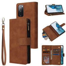 (Khaki ) Zipper Pocket Case for Samsung Galaxy S20 Fe 4g Wrist Strap Photo Pocket Pure Color Cash Slots 9 Card Holder