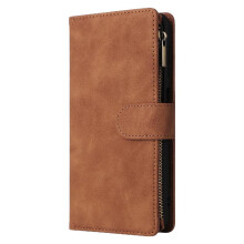 (Khaki ) Zipper Pocket Case for Samsung Galaxy S20 Fe 2022 Cash Slots 9 Card Holder Pure Color Wrist Strap Photo Pocket