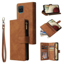 (Khaki ) Zipper Pocket Case for Samsung Galaxy A12 Pure Color Photo Pocket Cash Slots Wrist Strap 9 Card Holder