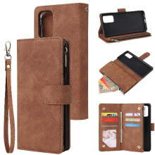 (Khaki ) Zipper Pocket Case for Samsung Galaxy S20 Plus 5g Cash Slots Pure Color Wrist Strap Photo Pocket 9 Card Holder