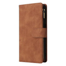 (Khaki ) Zipper Pocket Case for Samsung Galaxy S20 Cash Slots Photo Pocket Pure Color 9 Card Holder Wrist Strap
