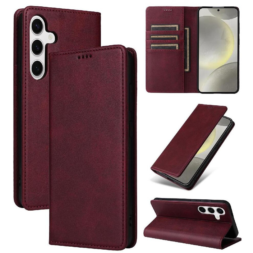 (Red) Flip Case For Samsung Galaxy S25 Plus Pure Color Shockproof Rfid Blocking Card Slot Pu Leather Red 764549525782