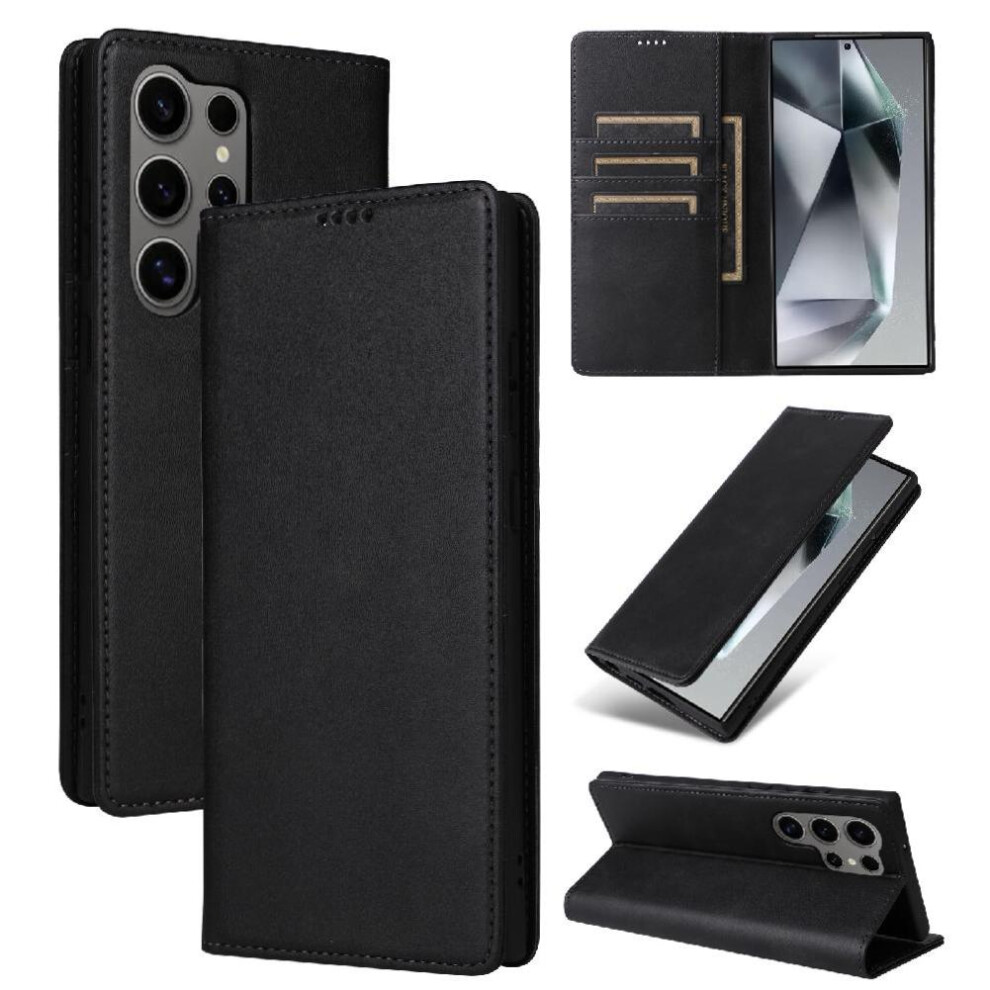 (Black) Flip Case For Samsung Galaxy S25 Ultra Card Slot Pu Leather Pure Color Shockproof Rfid Blocking Black 764549525577