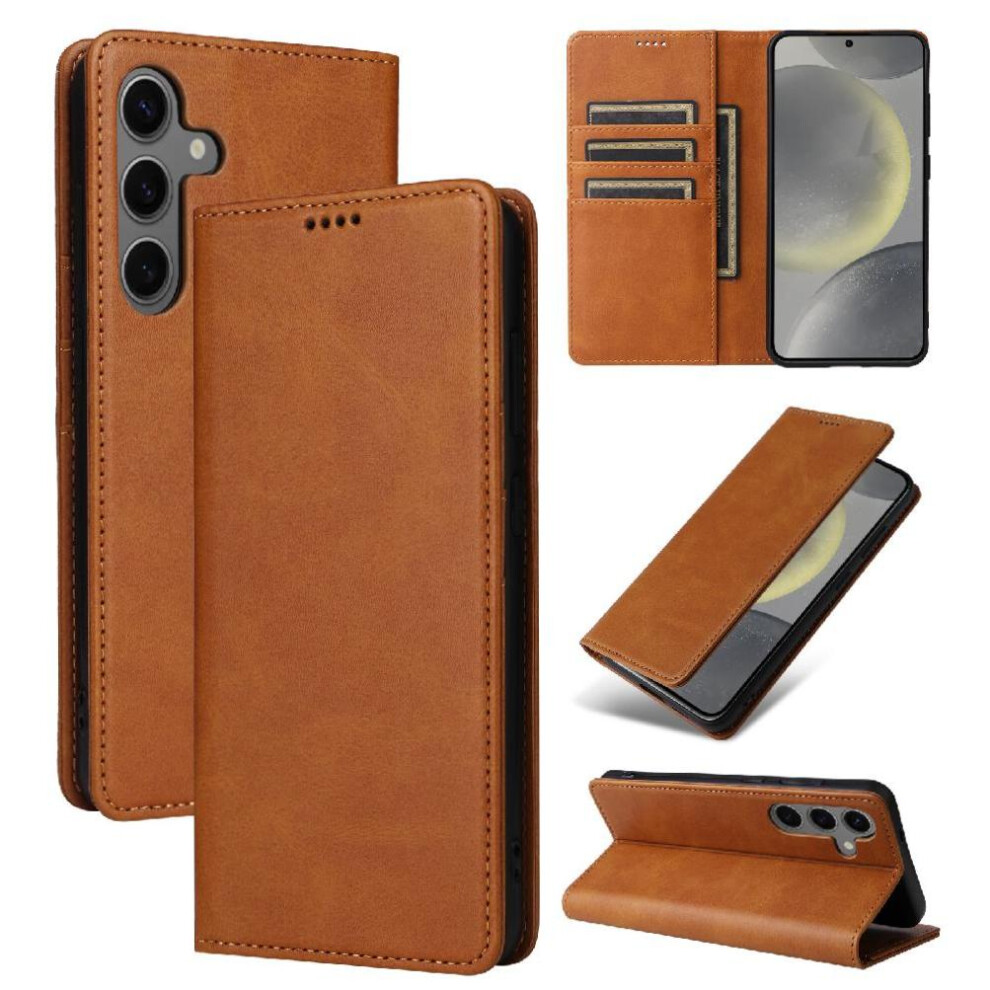 (Brown) Flip Case For Samsung Galaxy S25 Rfid Blocking Shockproof Pu Leather Pure Color Card Slot Brown 764549526000