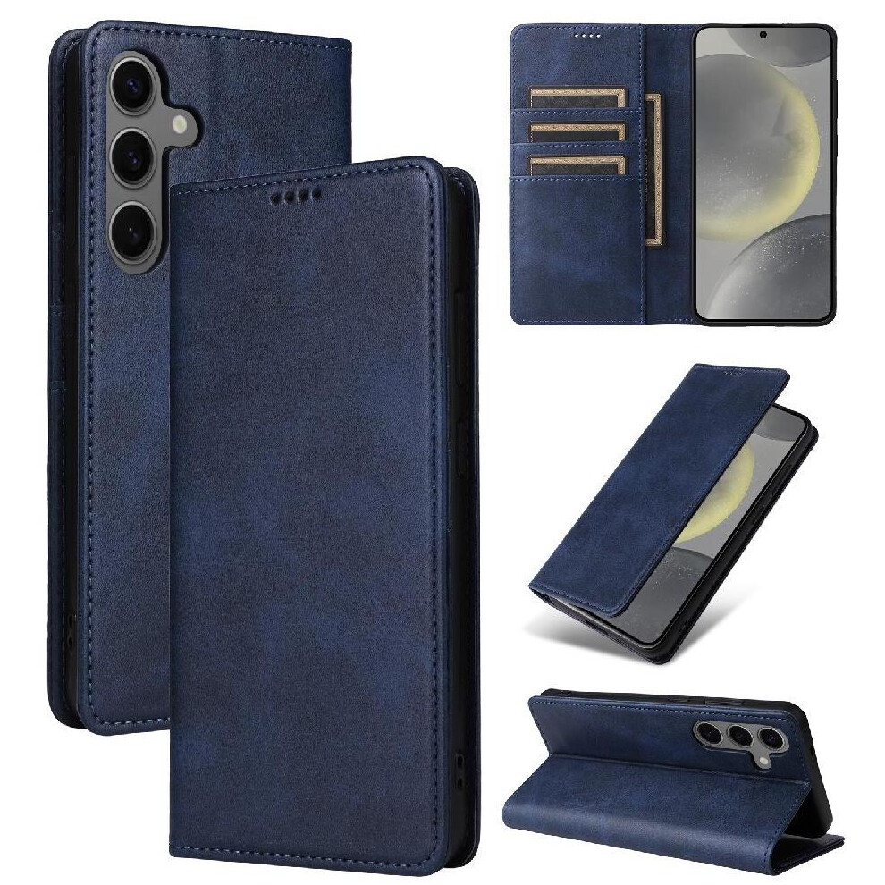 (Dark ) Flip Case For Samsung Galaxy S25 Rfid Blocking Shockproof Pu Leather Pure Color Card Slot Blue 764549526048