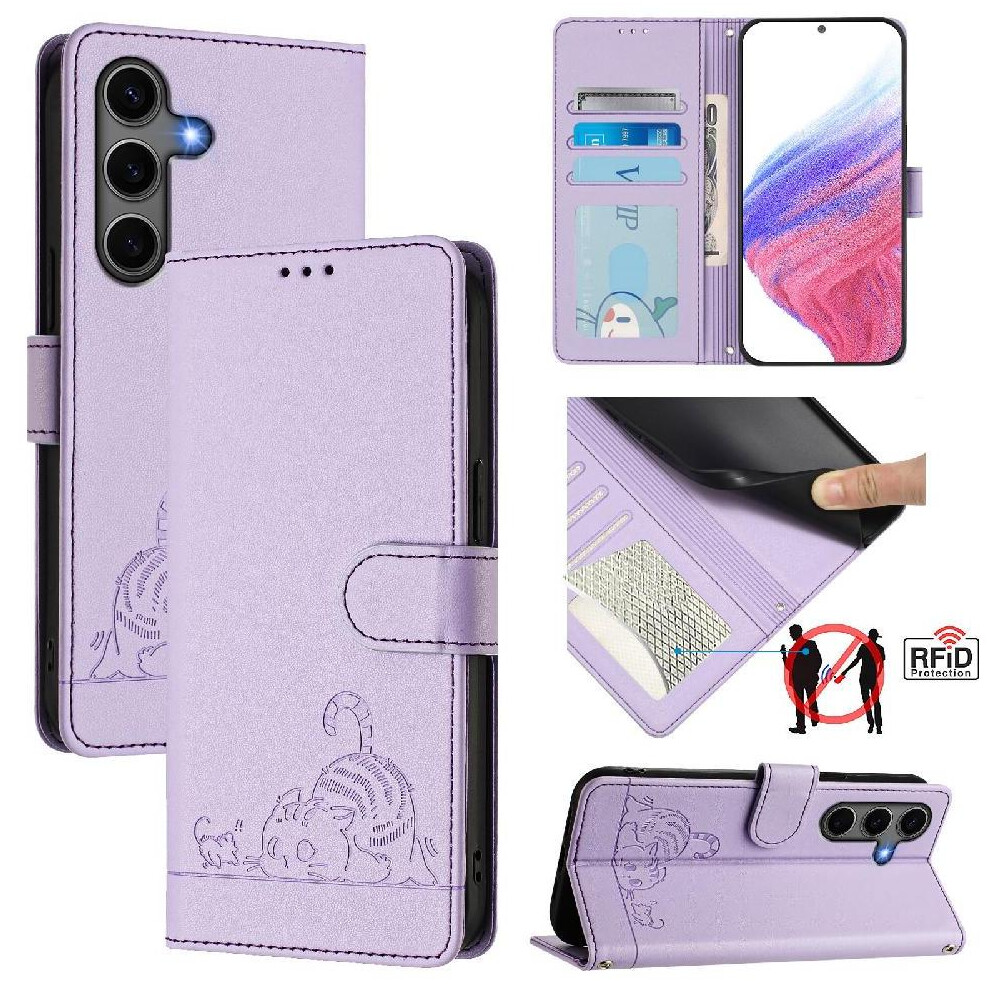 (Purple) Case For Samsung Galaxy S25 Plus Card Slot Holder Kickstand Cat Rfid Wallet Flip Cover Purple 764549528868