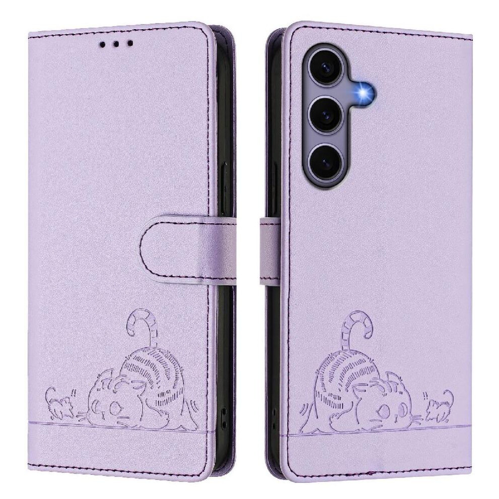 (Purple) Case For Samsung Galaxy S25 Cat Rfid Wallet Flip Cover Card Slot Holder Kickstand Purple 764549528929