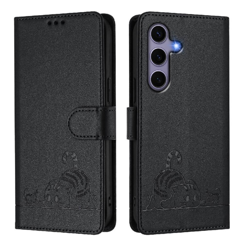 (Black) Case For Samsung Galaxy S25 Cat Rfid Wallet Flip Cover Card Slot Holder Kickstand Black 764549528905