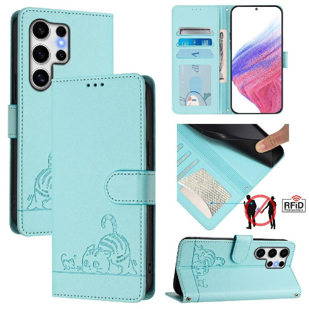 (Green) Case For Samsung Galaxy S25 Ultra Card Slot Holder Kickstand Cat Rfid Wallet Flip Cover Green 764549528943