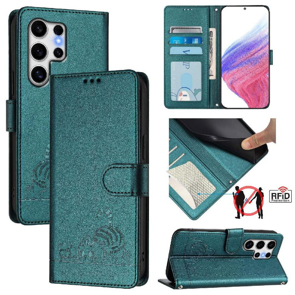(Bottle ) Case For Samsung Galaxy S25 Ultra Card Slot Holder Kickstand Cat Rfid Wallet Flip Cover Green 764549528936
