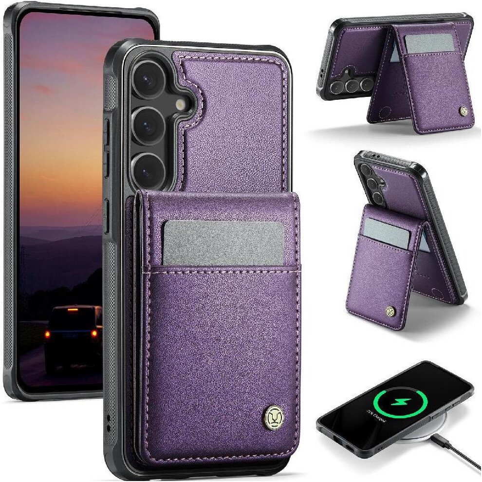 (Purple) Case For Samsung Galaxy S24 Fe Rfid Wireless Charging Stand Cardsllots Purple 764549530311