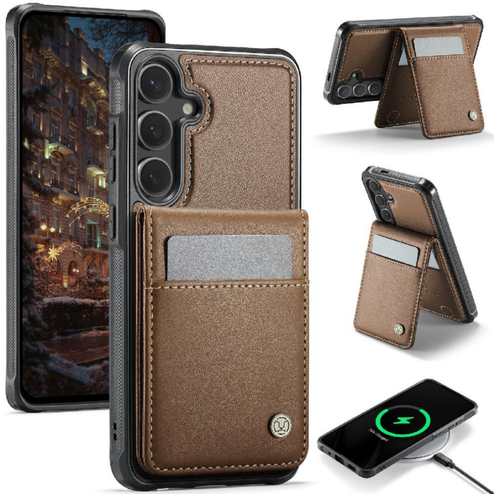 (Brown) Case For Samsung Galaxy S25 Stand Rfid Wireless Charging Cardsllots Brown 764549530427