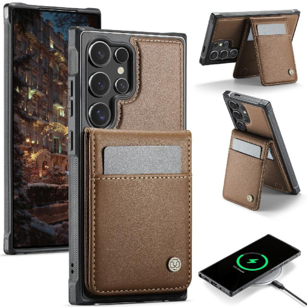 (Brown) Case For Samsung Galaxy S24 Ultra Wireless Charging Cardsllots Stand Rfid Brown 764549530847