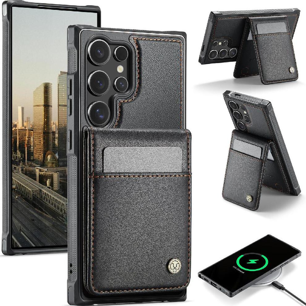 (Black) Case For Samsung Galaxy S24 Ultra Wireless Charging Cardsllots Stand Rfid Black 764549530861