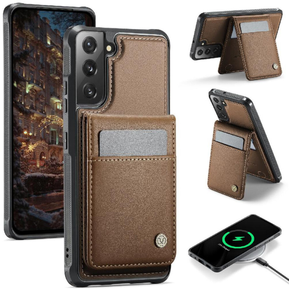 (Brown) Case For Samsung Galaxy S22 Cardsllots Wireless Charging Rfid Stand Brown 764549531059