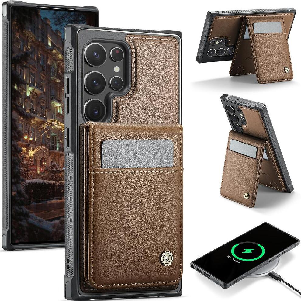 (Brown) Case For Samsung Galaxy S22 Ultra Rfid Cardsllots Wireless Charging Stand Brown 764549531219