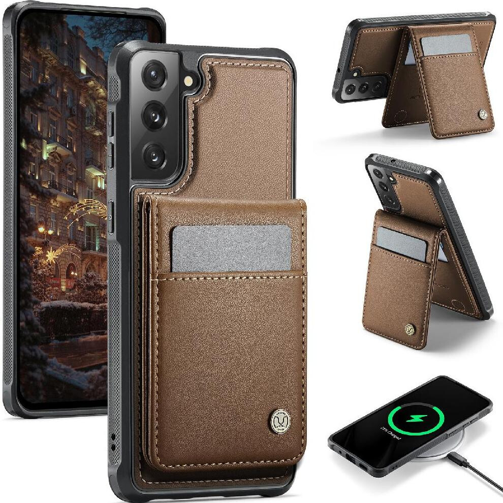 (Brown) Case For Samsung Galaxy S21 Fe Cardsllots Rfid Wireless Charging Stand Brown 764549531264