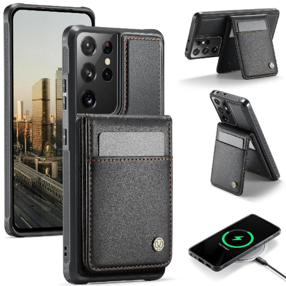 (Black) Case For Samsung Galaxy S21 Ultra Wireless Charging Rfid Stand Cardsllots Black 764549531493