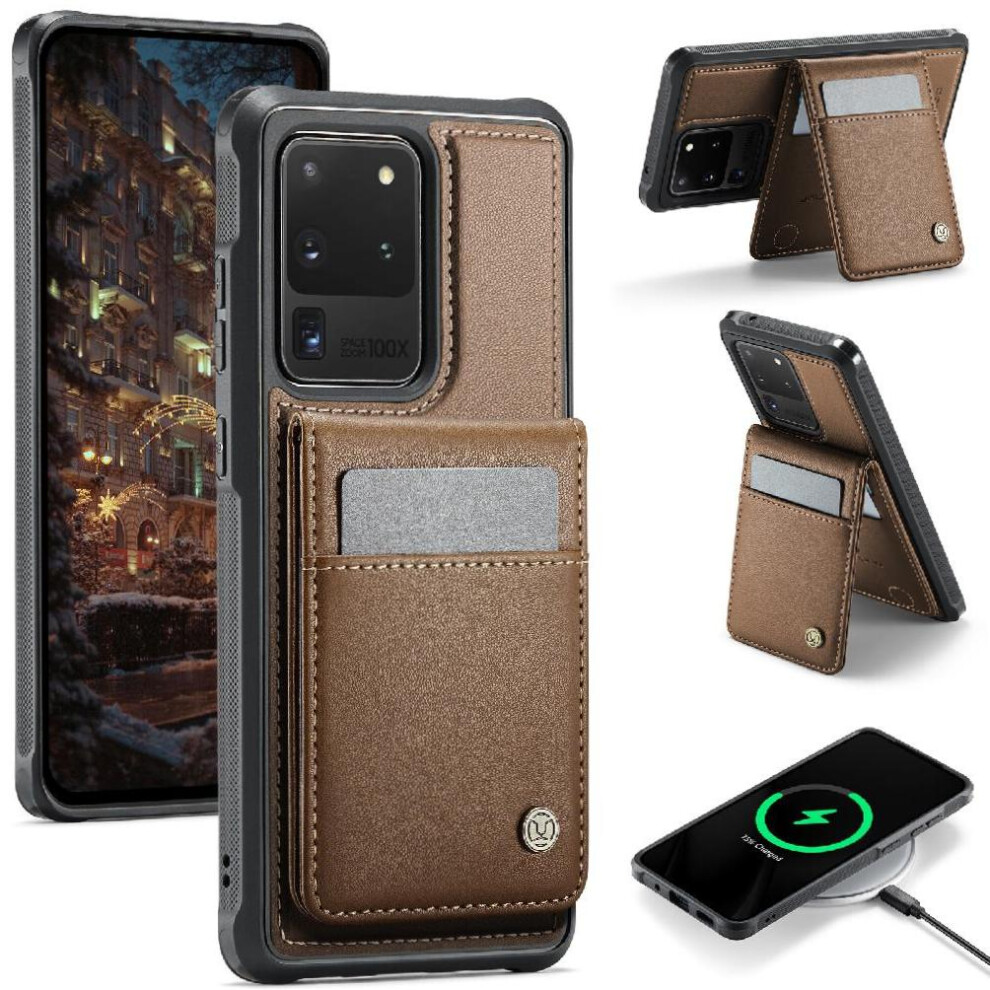 (Brown) Case For Samsung Galaxy S20 Ultra Rfid Stand Cardsllots Wireless Charging Brown 764549531684
