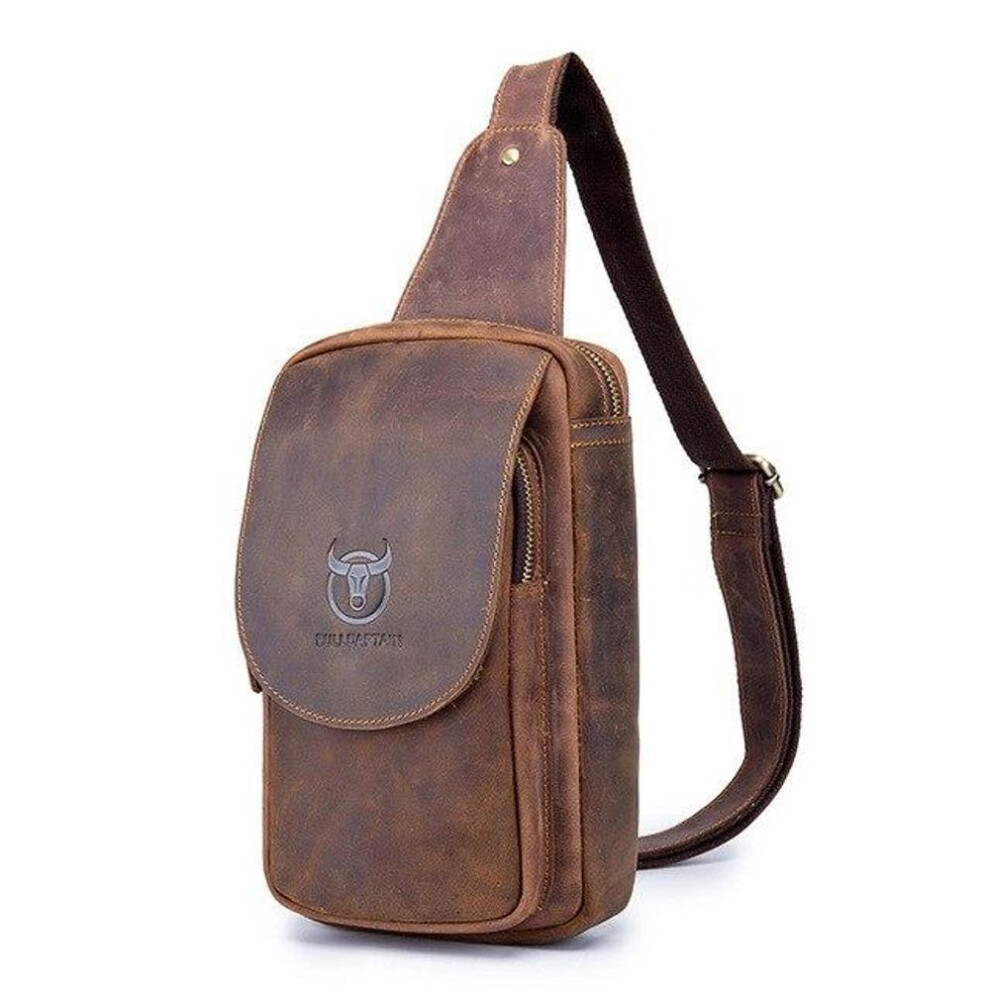 (brown) BULLCAPTAIN Men&apos;s Crossbody Bags Crazy Horse Leather Chest Bag&apos;s Leather Crossbody Bages Retro Men&apos;s Zip Pocket Short Travel Bag