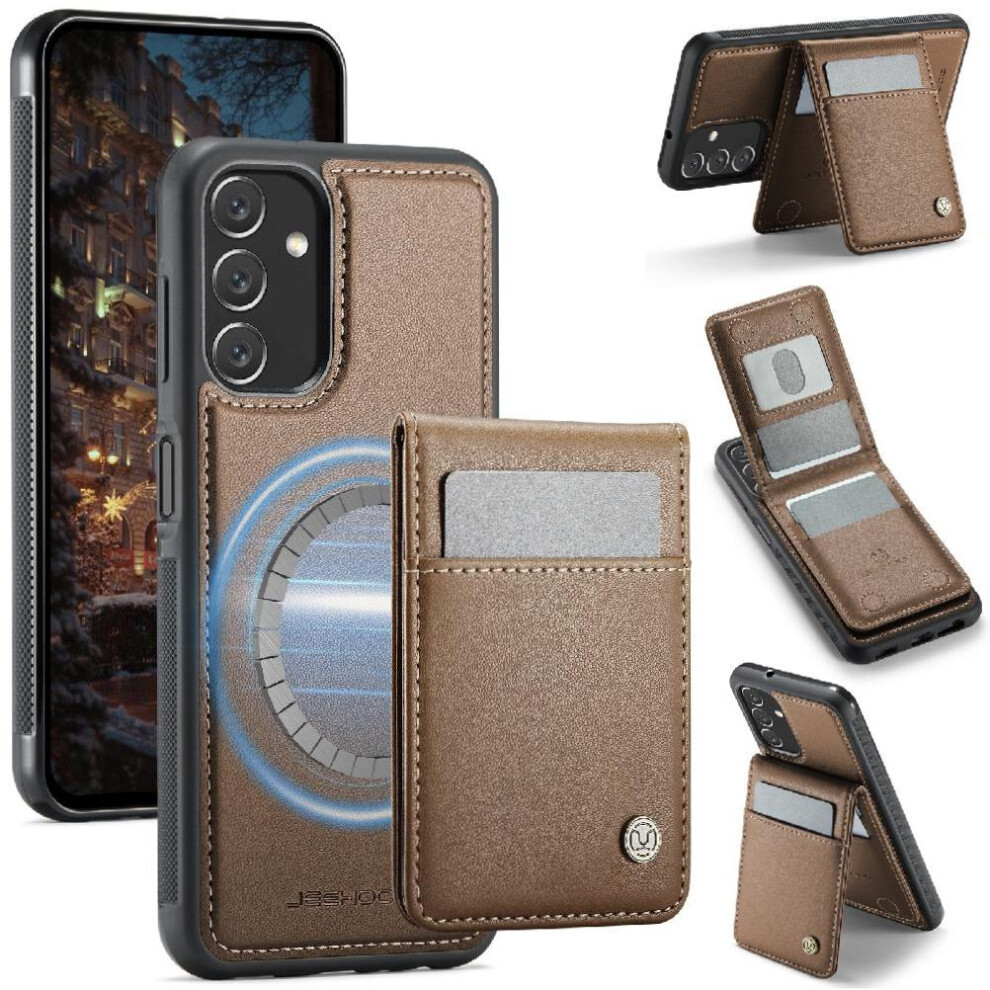 (Brown) Case For Samsung Galaxy A14 4G Wireless Charging Cardsllots Rfid Stand Brown 764549534432