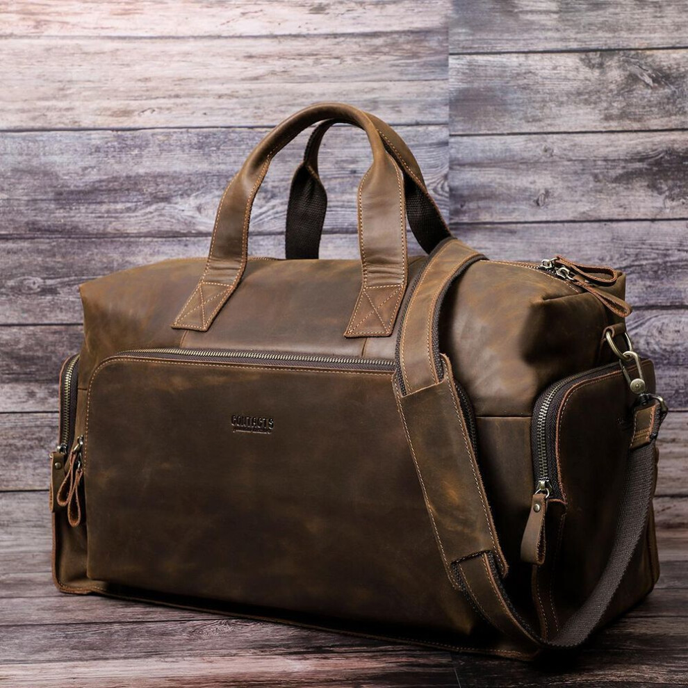 (coffee) Contact's Vintage Luggage Bag Crazy Horse Leather Shoulder Messenger Bags For Men Travel Totes Bag For 14" Laptop Large Capacity