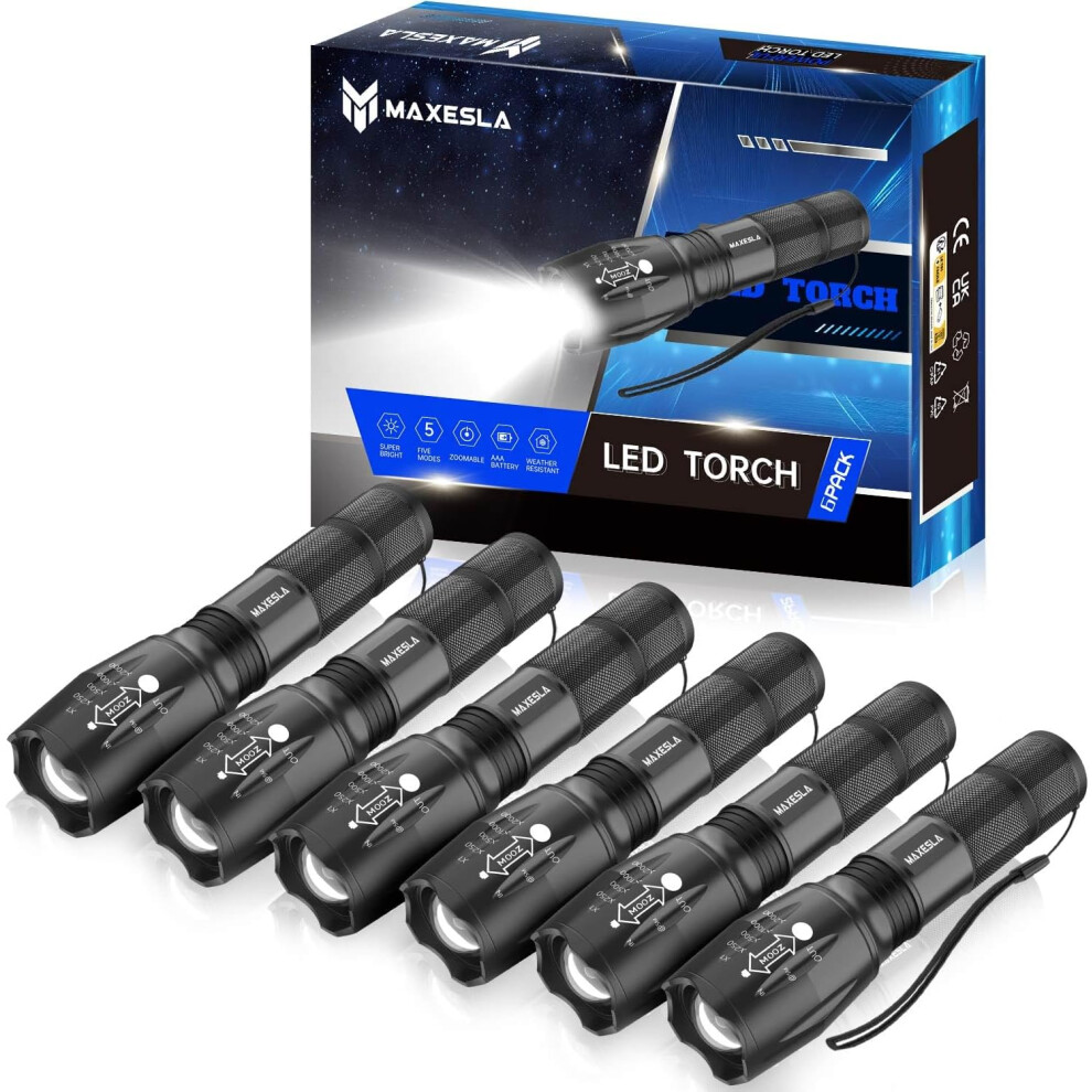 (6 Pack) LED Torch 2000 Lumens, Torches Led Super Bright Flashlight, Powerful Torches Battery Powered Water Resistant 5 Modes Mini Tactical Torch