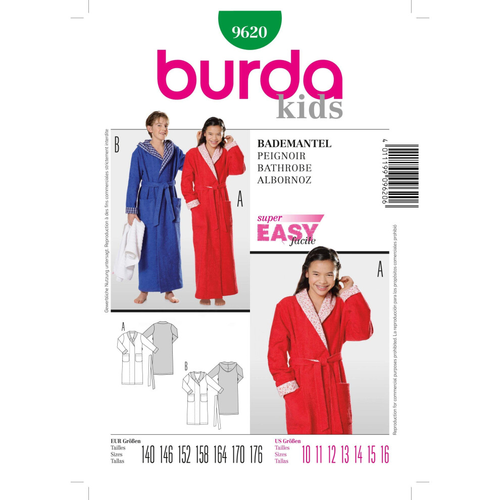 Patron de peignoir de bain Burda 9620 pour enfant, taille 10     16 (140