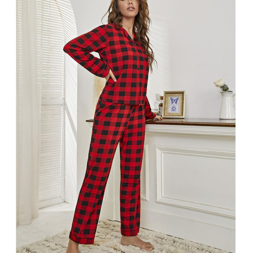 (red, M) Women&apos;s Pajama Set Buffalo Plaid Long Sleeve Classic Revere Collar Button Up Shirt And Pants 2 Piece Pj Lounge Sleep Suit Nightwear Sleepwear S-x