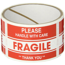 TapeCase Shipping Packing Labels """"Please Handle With Care / Fragile / Thank You""""  Red/White (50 Per Pack)