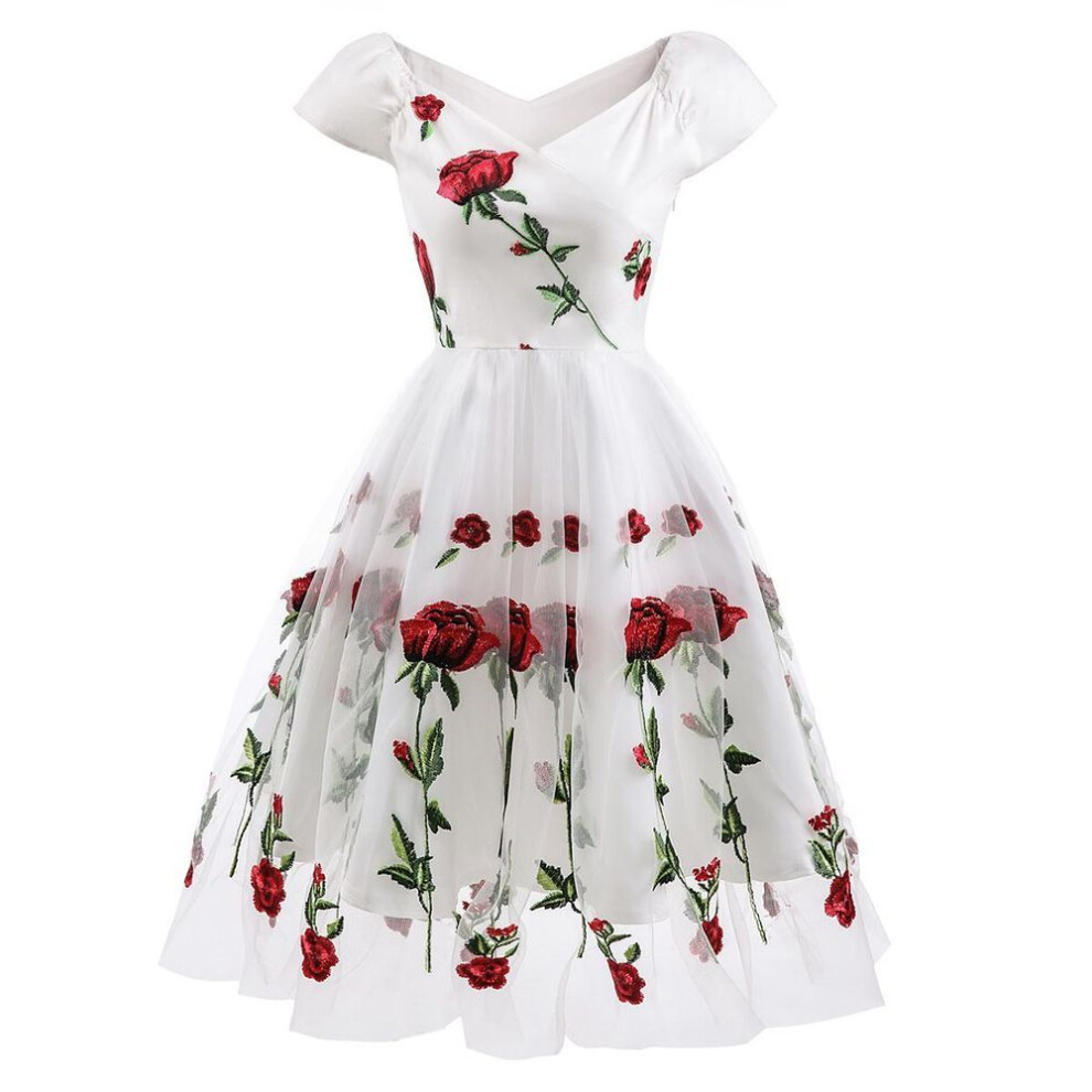 (off white, XXL) Women&apos;s Embroided Prom Dress Rose Flowers Mesh Tulle Off Shoulder Midi Skater Wedding Guest Evening Cocktail Party Special Formal Occasion Oufits