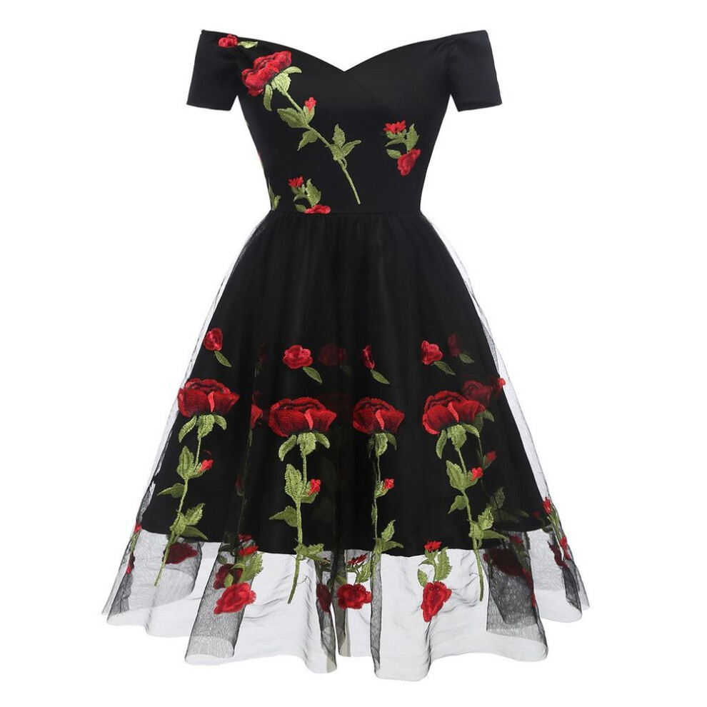(black, S) Women&apos;s Embroided Prom Dress Rose Flowers Mesh Tulle Off Shoulder Midi Skater Wedding Guest Evening Cocktail Party Special Formal Occasion Oufits