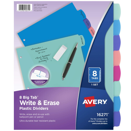 Avery Durable Plastic 8-Tab Write & Erase Big Tab Dividers for 3 Ring