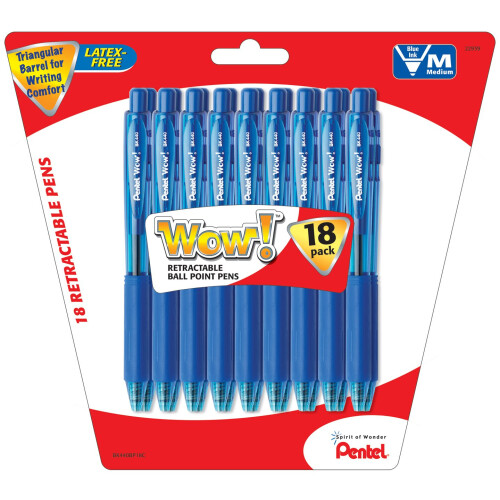 Pentel Pentel WOW! Retractable Ballpoint Pens  Medium Line  Blue Ink  18-Pack (BK440BP18C)